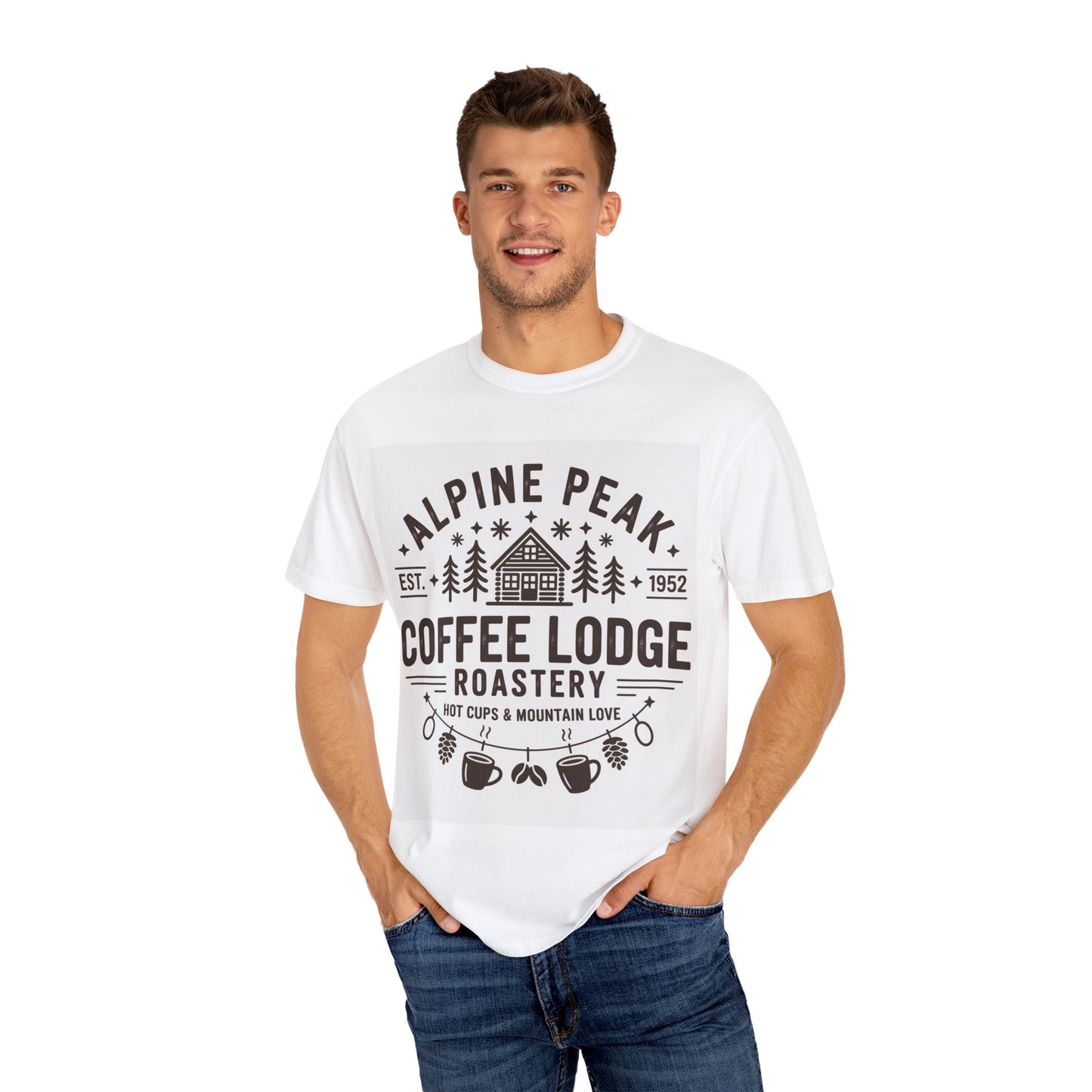 Alpine Peak Coffee Lodge T-Shirt, Cozy Graphic Tee for Coffee Lovers, Unisex Casual Wear, Gift for Outdoor Enthusiasts, Perfect for Fall