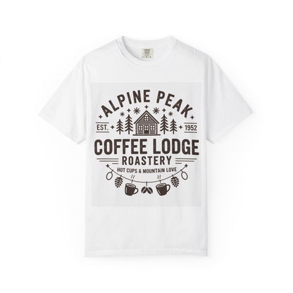Alpine Peak Coffee Lodge T-Shirt, Cozy Graphic Tee for Coffee Lovers, Unisex Casual Wear, Gift for Outdoor Enthusiasts, Perfect for Fall