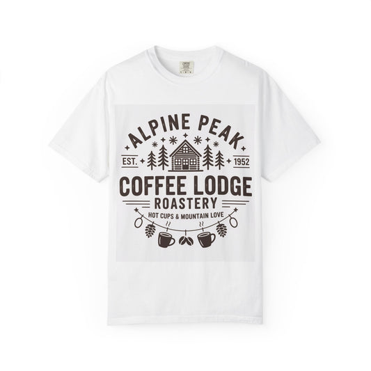 Alpine Peak Coffee Lodge T-Shirt, Cozy Graphic Tee for Coffee Lovers, Unisex Casual Wear, Gift for Outdoor Enthusiasts, Perfect for Fall