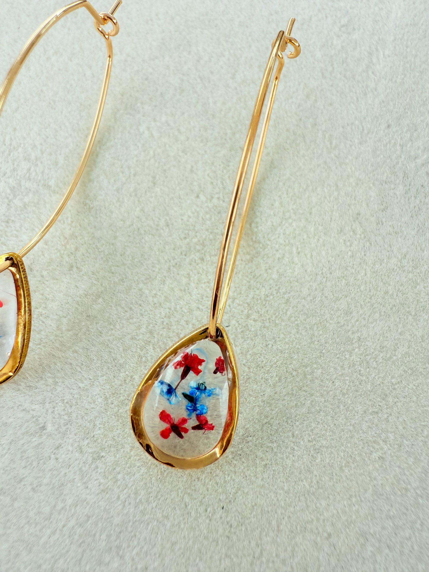 Brittany real flower oval hoops with 14 k gold plated hypoallergenic material