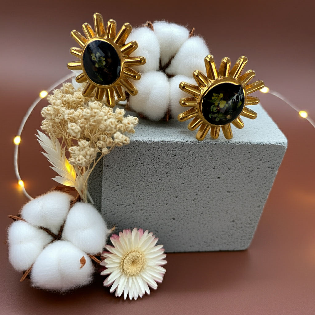 Ash 18k gold plated studs with real flower